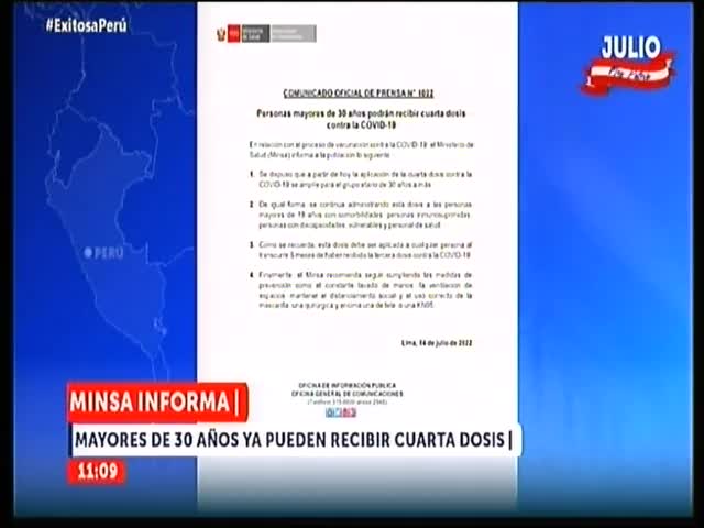 Mayores de 30 años ya pueden recibir cuarta dosis 