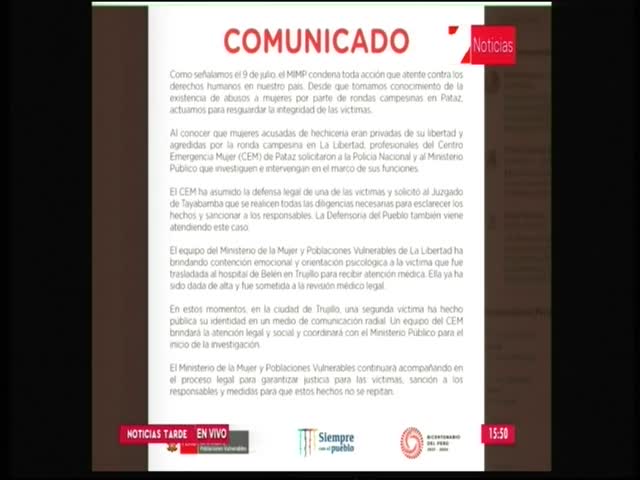 Comunicado del Ministerio de la Mujer 