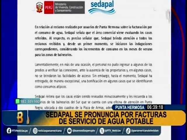 Sedapal se pronuncia por facturas de servicios de agua potable 