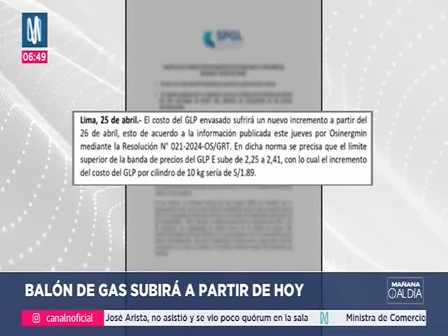 Balón de gas subirá a partir de hoy