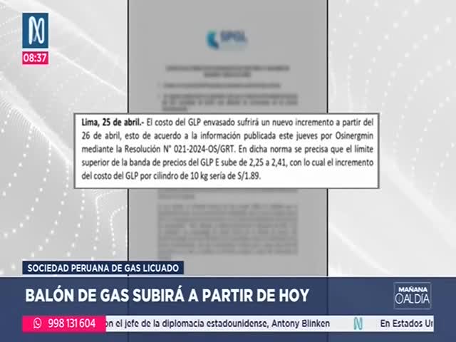 Balón de gas subirá a partir de hoy