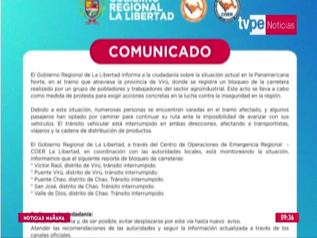 Comunicado de gobierno regional de La Libertad